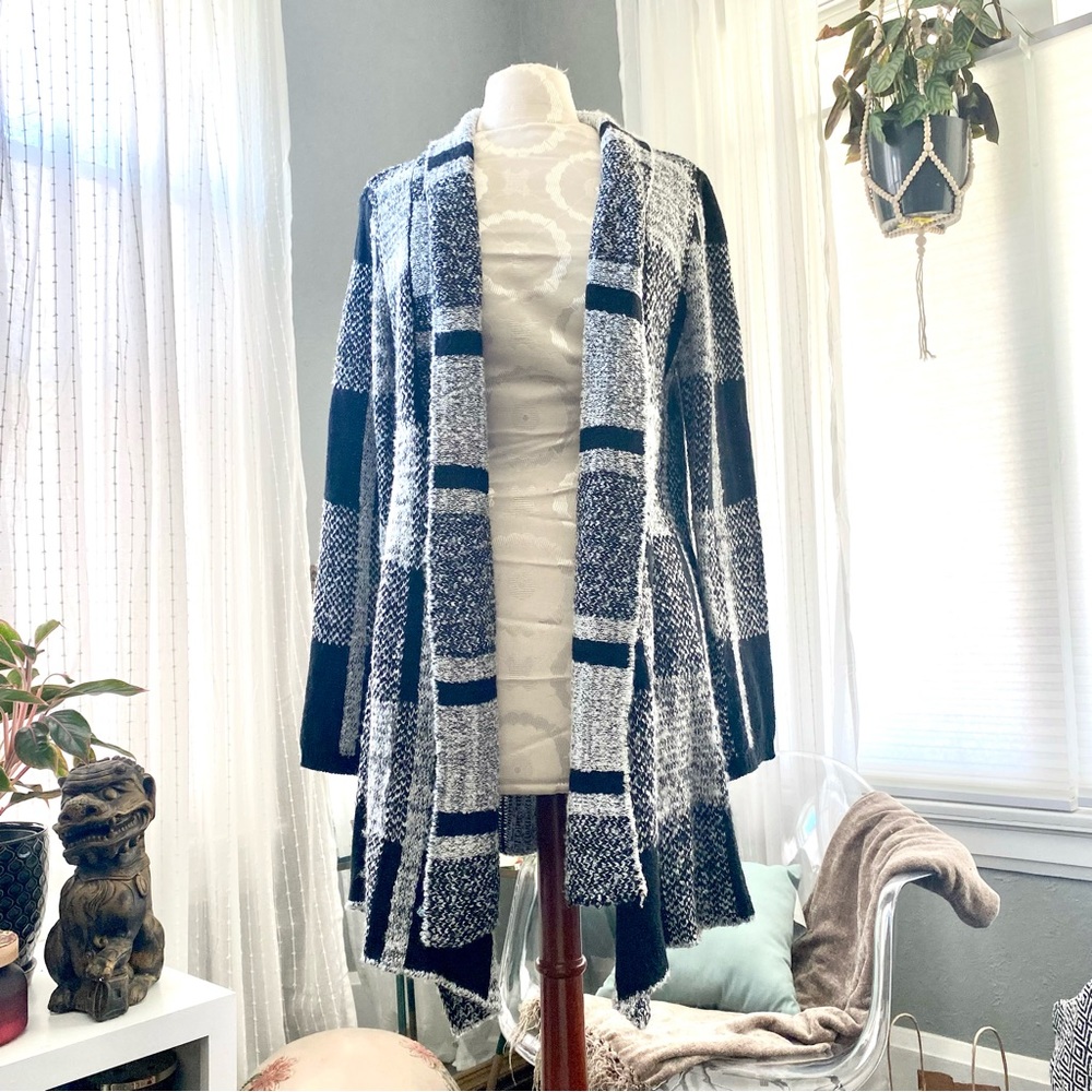 Style & Co Black & Grey Plaid Open Sweater Cardigan
